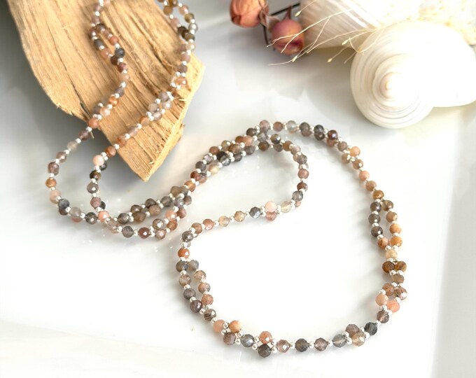 Tantric Mala made of dark moonstone and sterling silver "Intuition", tantric necklace with 416 beads, yoga jewelry