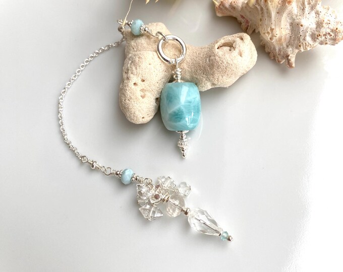 Pendulum made of Larimar, Herkimer Quartz, Rock Crystal and Sterling Silver with Charm Pendants, Dowsing, Necklace Pendant, Yoga Jewelry