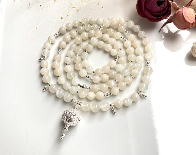 White moonstone mala, decorated with sterling silver, end bead with sterling silver ornaments, prayer beads, yoga jewelry