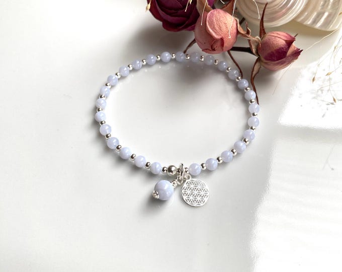 Mini Mala made of blue chalcedony, decorated with silver, end bead and flower of life pendant, bracelet with chakra crystals, yoga jewelry