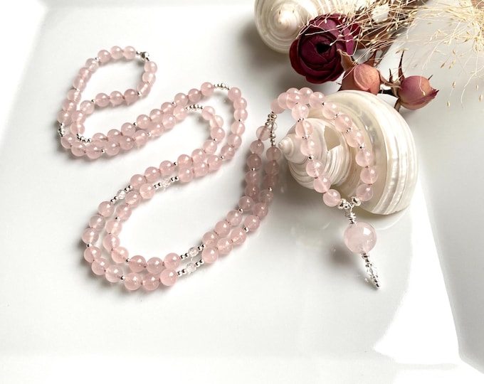 Mala made of rose quartz (A, semi-transparent), decorated with silver and rock crystal, yoga jewelry, jewelry with chakra crystals,