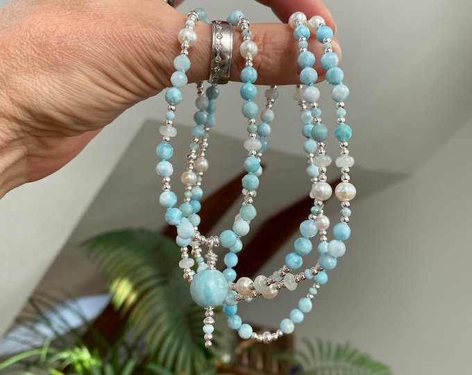 Exclusive mala made of larimar, white moonstone, freshwater pearls and silver, delicate, elegant necklace and prayer beads made of healing stones