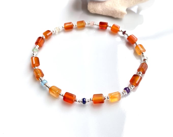 Colorful carnelian bracelet with chakra crystals and sterling silver, claspless, yoga jewelry with natural stones