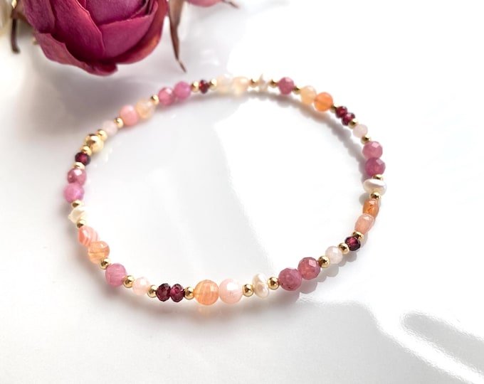 Multicolor bracelet orange/pink made of precious stones, healing stones and chakra crystals, gold-plated with silver, without clasp, sweet gift for women