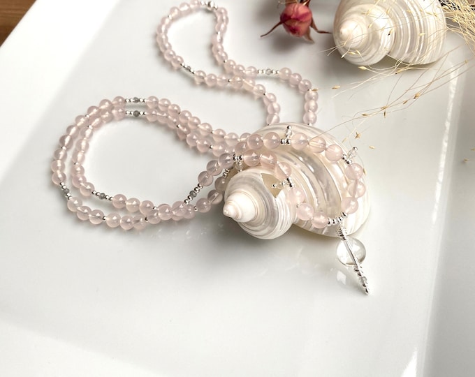 Mala made of pink chalcedony, decorated with silver and included quartz, prayer beads made of 108 beads