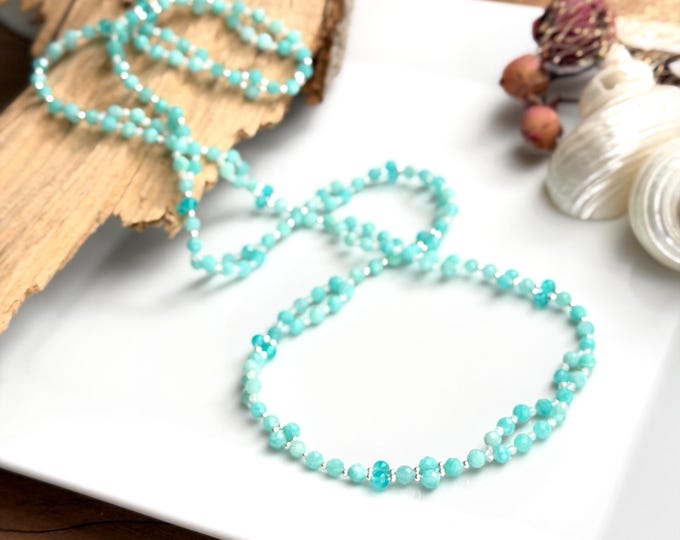Tantric Mala necklace made of amazonite, white labradorite and sterling silver, yoga jewelry, long turquoise tantric necklace made of 416 beads