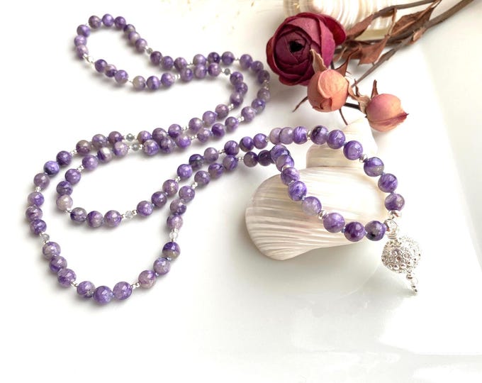 Charoite mala necklace, decorated with inclusion quartz and silver, silver end bead, prayer beads made of rare stones, yoga jewelry