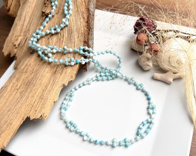 Tantric Mala necklace made of Larimar, white Labradorite and sterling silver, yoga jewelry, long turquoise tantric necklace made of 416 beads