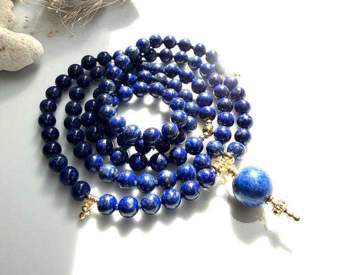 Lapislazuli Mala Halskette (A) mit Silber vergoldet, Gebetskette mit 6 mm Perlen, Yoga-Schmuck, Schmuck mit Chakrakristallen