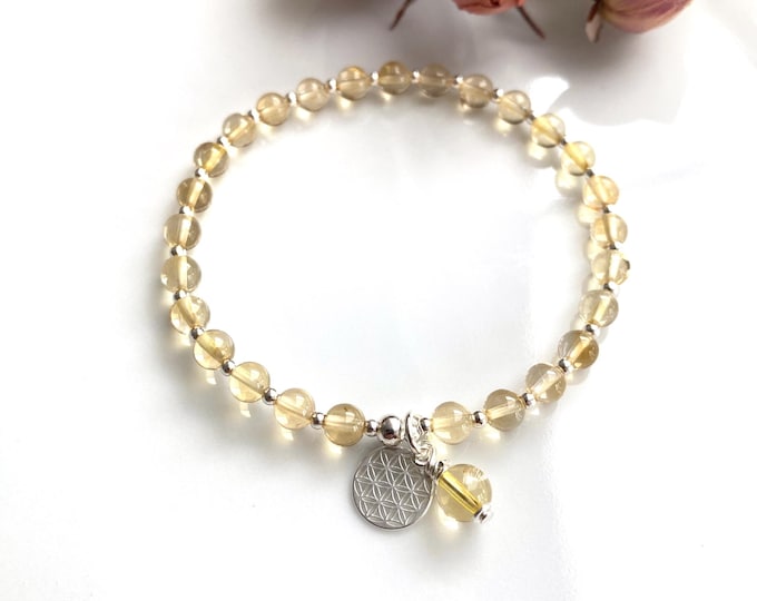 Mini mala bracelet made of citrine (used; AA) decorated with silver or gold-plated silver, citrine end bead and Flower of Life pendant, Yoga