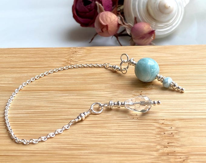 Res for K..: Pendulum made of Larimar with rock crystal and sterling silver, handmade, radiesthesia