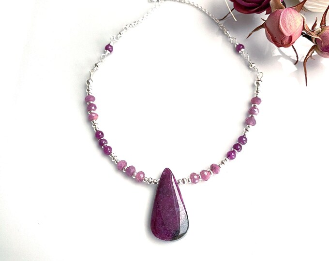 Ruby pendant necklace with sterling silver, short chain with ruby pendant, handmade unique piece, statement jewelry