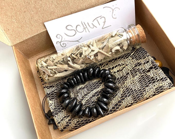 Gift set "CLEANSING and PROTECTION", mini mala made of tourmaline schorl and white sage, prayer beads, mini stone circle