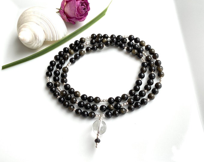 Mala made of gold obsidian, decorated with silver, final bead rock crystal, prayer beads for men and women