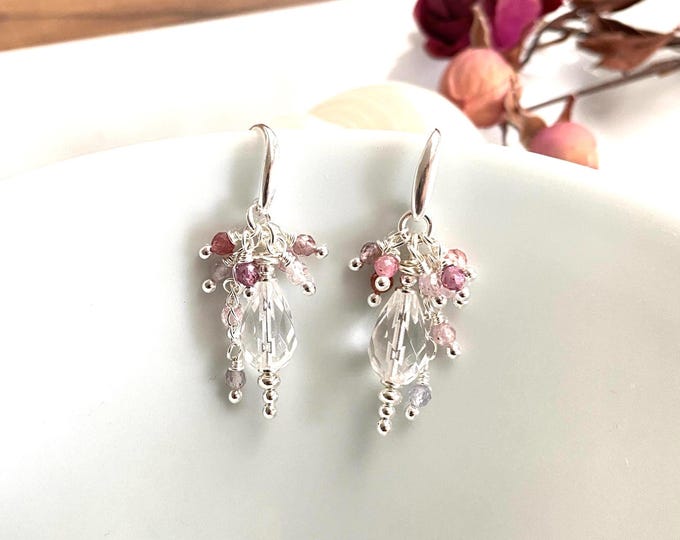 Cluster drop earrings made of rock crystal and red spinel with sterling silver, gift for jewelry enthusiasts, sparkling earrings