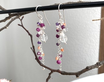 Cluster - hanging earrings made of ruby, amethyst, orange moonstone, rock crystal, Herkimer quartz and silver (925), sparkling, colourful, luminous