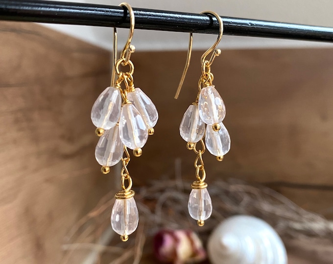 Drop earrings made of rose quartz and silver or silver gold plated, cluster earrings, grape shape