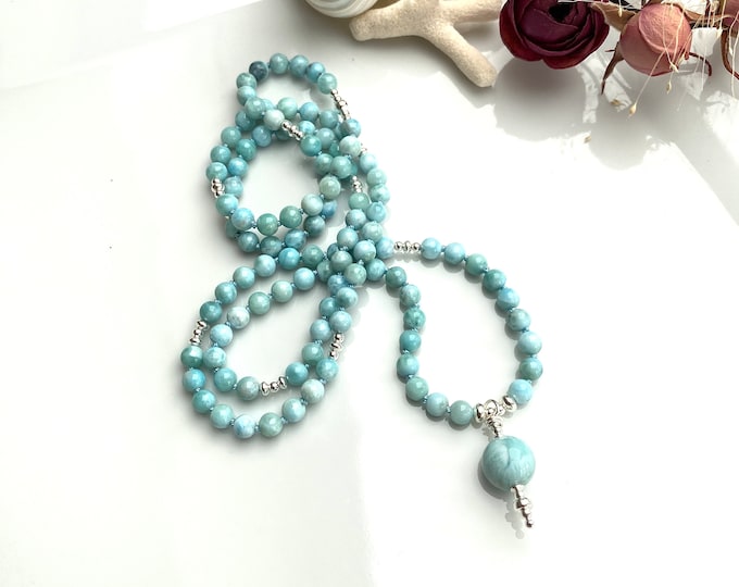 Delicate, simple mala made of Larimar (5 mm), decorated with silver, final bead Larimar, valuable prayer beads for men and women