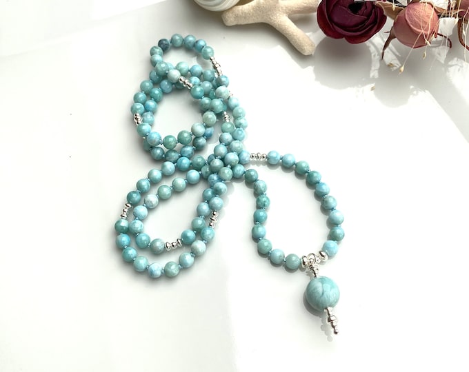 Delicate, simple mala made of Larimar (5 mm), decorated with silver, final bead Larimar, valuable prayer chain for men and women