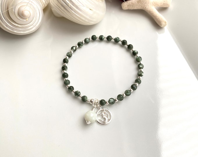Mini mala made of seraphinite decorated with silver, final bead serpentine and OM - pendant, bracelet, prayer beads