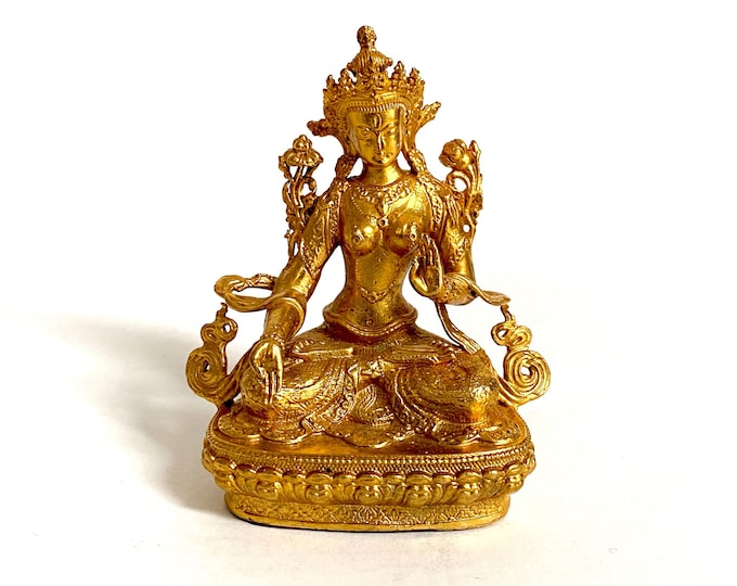 weiße Tara, vergoldete Kupfer - Statue aus Nepal, handgefertigte kleine Statuette, vollvergoldet, Einzelstück, weiblicher Bodhisattva