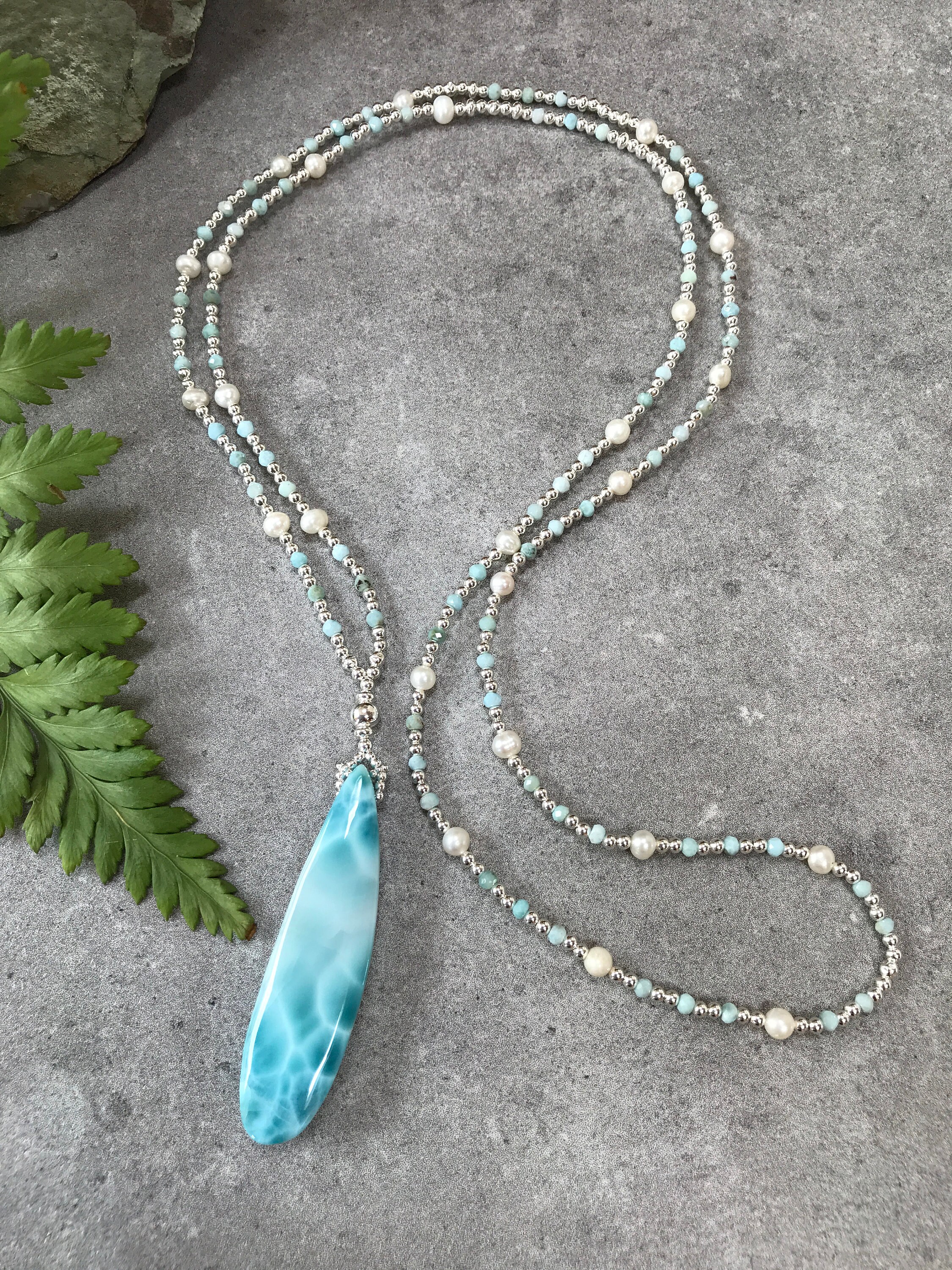 Beautiful Big Pendant From Larimar With Necklace Mala Made Of Silver