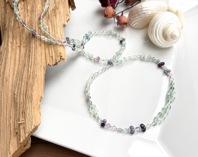 Tantric Mala Necklace made of Fluorite, White Labradorite and Sterling Silver "Purification and Liberation", Yoga Jewelry, Tantric Necklace, 416 Beads