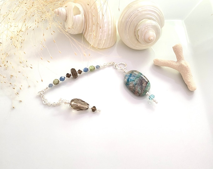 Shattuckite, apatite, green and blue disthene pendulum, smoky quartz and sterling silver (925), dowsing "spirit and grounding"