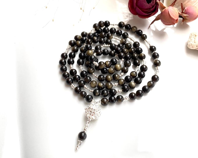 Mala made of gold luster obsidian, decorated with silver and inclusion quartz, end bead made of 925 silver, yoga jewelry, gift for jewelry enthusiasts