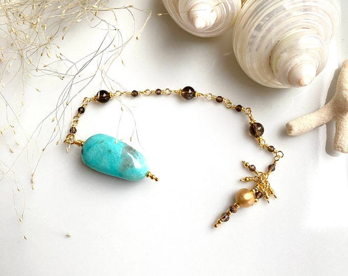 Amazonite pendulum gilded with smoky quartz and silver, radiaesthesia