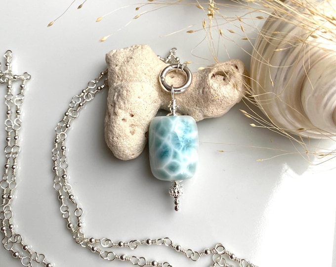 Large Larimar necklace pendant with or without a sterling silver chain, amulet necklace, yoga jewelry, precious gift for women