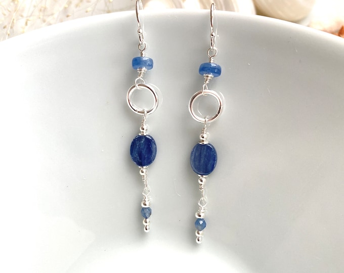 Drop earrings made of blue disthene, kyanite and sterling silver, sparkling gift for women