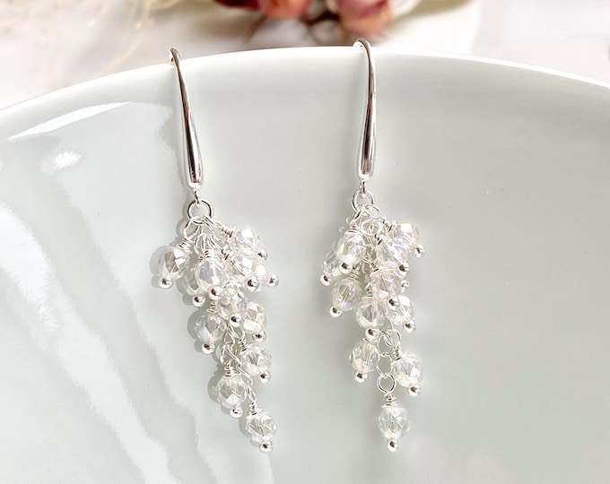 Cluster - Angel Aura and Silver Drop Earrings, Grape Shape, Handmade Gemstone Earrings with Sparkling Pearls, Gift for Women