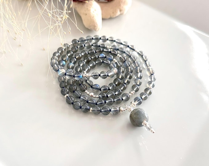 Mala made of labradorite and silver, end bead made of labradorite, 108 beads measuring 6 mm, yoga jewelry, gift for Zen seekers