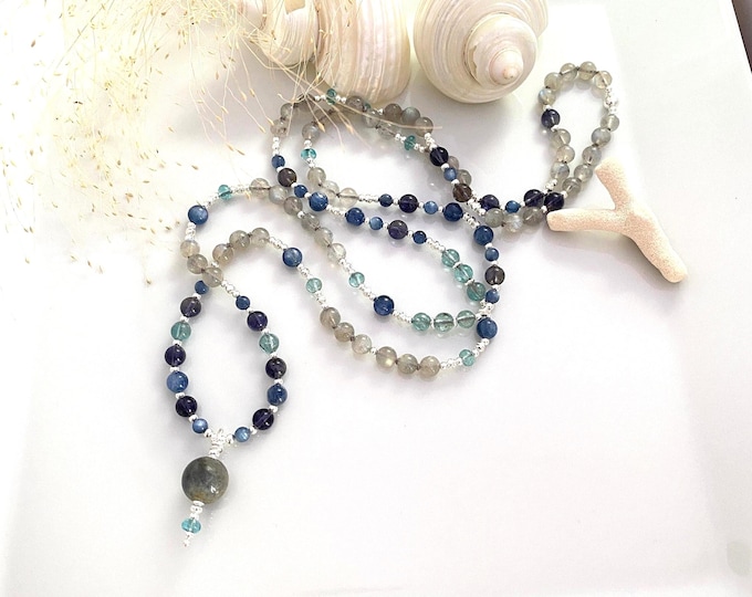 Mala made of labradorite, iolite, kyanite, apatite, decorated with silver, labradorite end bead, prayer beads
