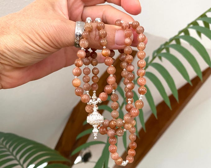 Sunstone mala, decorated with silver and 925 silver bead, prayer beads for women and men, yoga jewelry, for Zen seekers