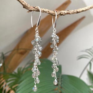 Drop earrings made of dark labradorite and sterling silver, slim cluster earrings, cube-shaped pearls carefully wrapped on silver