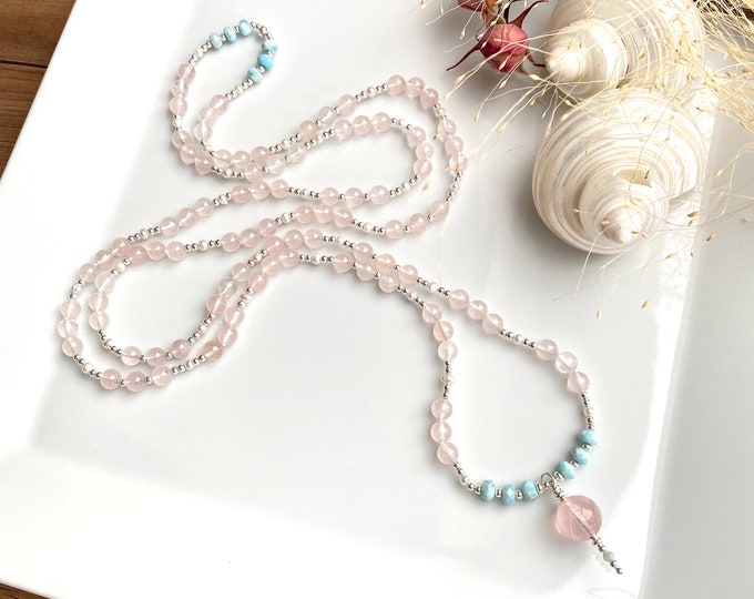 Long mala made of rose quartz and larimar, decorated with silver sterling and freshwater pearls