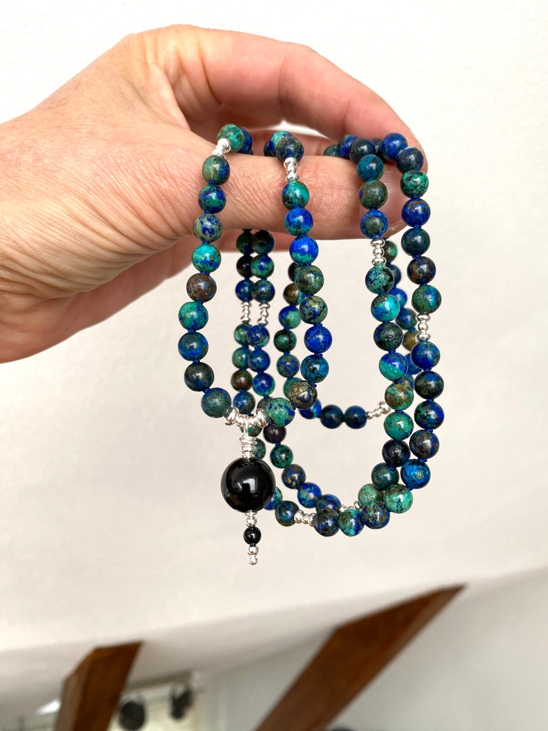 Mala made of azurite malachite, decorated with silver sterling 925, final bead black tourmaline, prayer chain made of 108 rare beads image 3