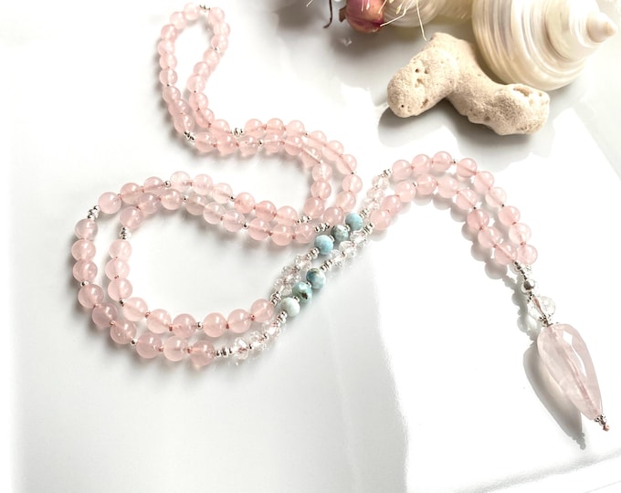Exceptional mala made of rose quartz 6 mm, larimar and rock crystal, decorated with silver, yoga jewelry, necklace with chakra crystals