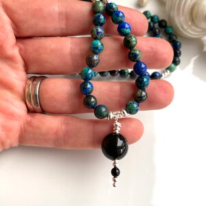 Mala made of azurite malachite, decorated with silver sterling 925, final bead black tourmaline, prayer chain made of 108 rare beads image 8