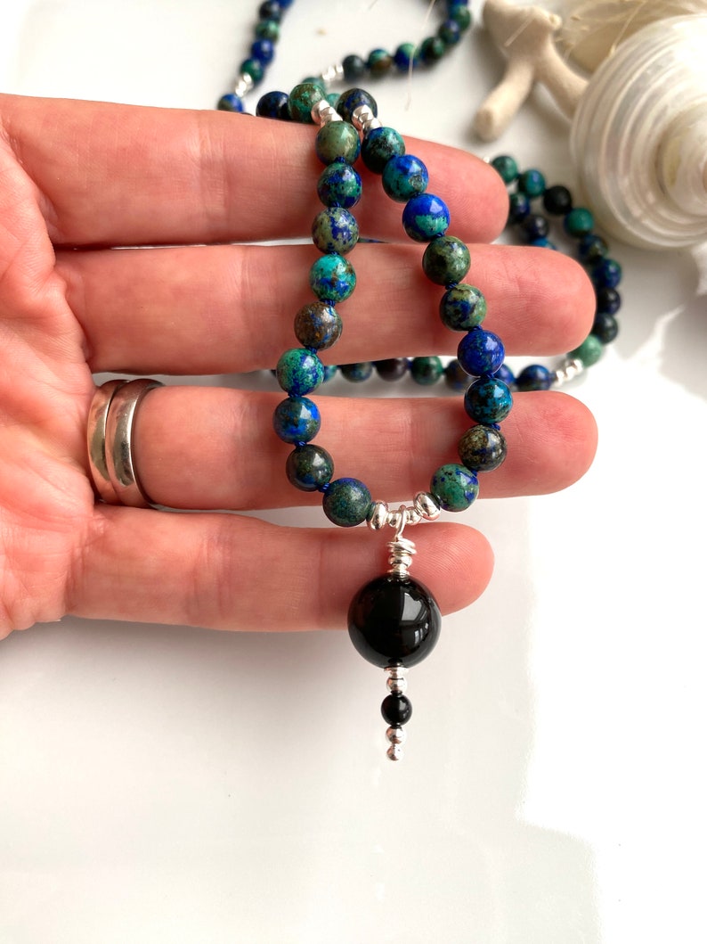 Mala made of azurite malachite, decorated with silver sterling 925, final bead black tourmaline, prayer chain made of 108 rare beads image 8