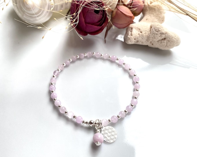 Pink Kunzite Bracelet Mini Mala, decorated with silver and pendant with the flower of life, bracelet on elastic band, yoga jewelry