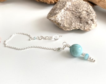 Pendule en Larimar, argent sterling et cristal de roche, radiesthésie