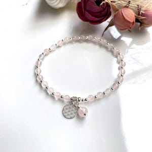 Pulsera mini mala de cuarzo rosa decorada con plata y colgante con la Flor de la Vida, joyería de yoga, joyería con cristales de chakras