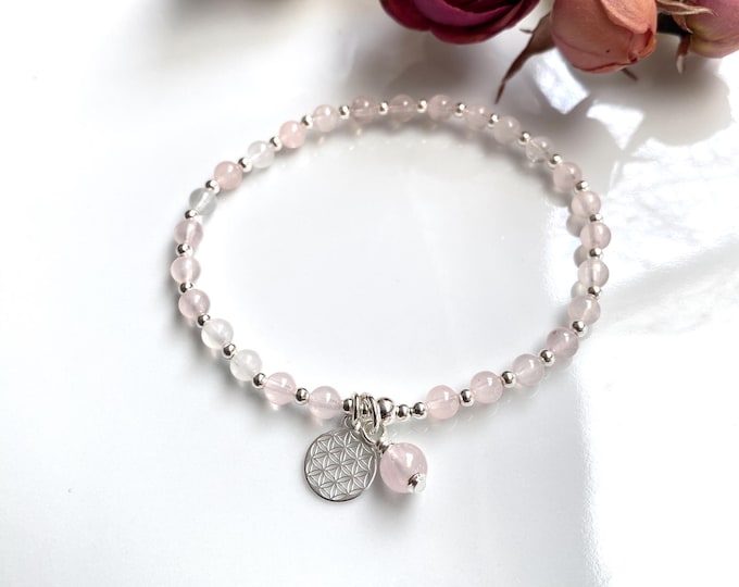 Mini Mala made of rose quartz decorated with silver and pendant with the flower of life, bracelet, yoga jewelry, jewelry with chakra crystals