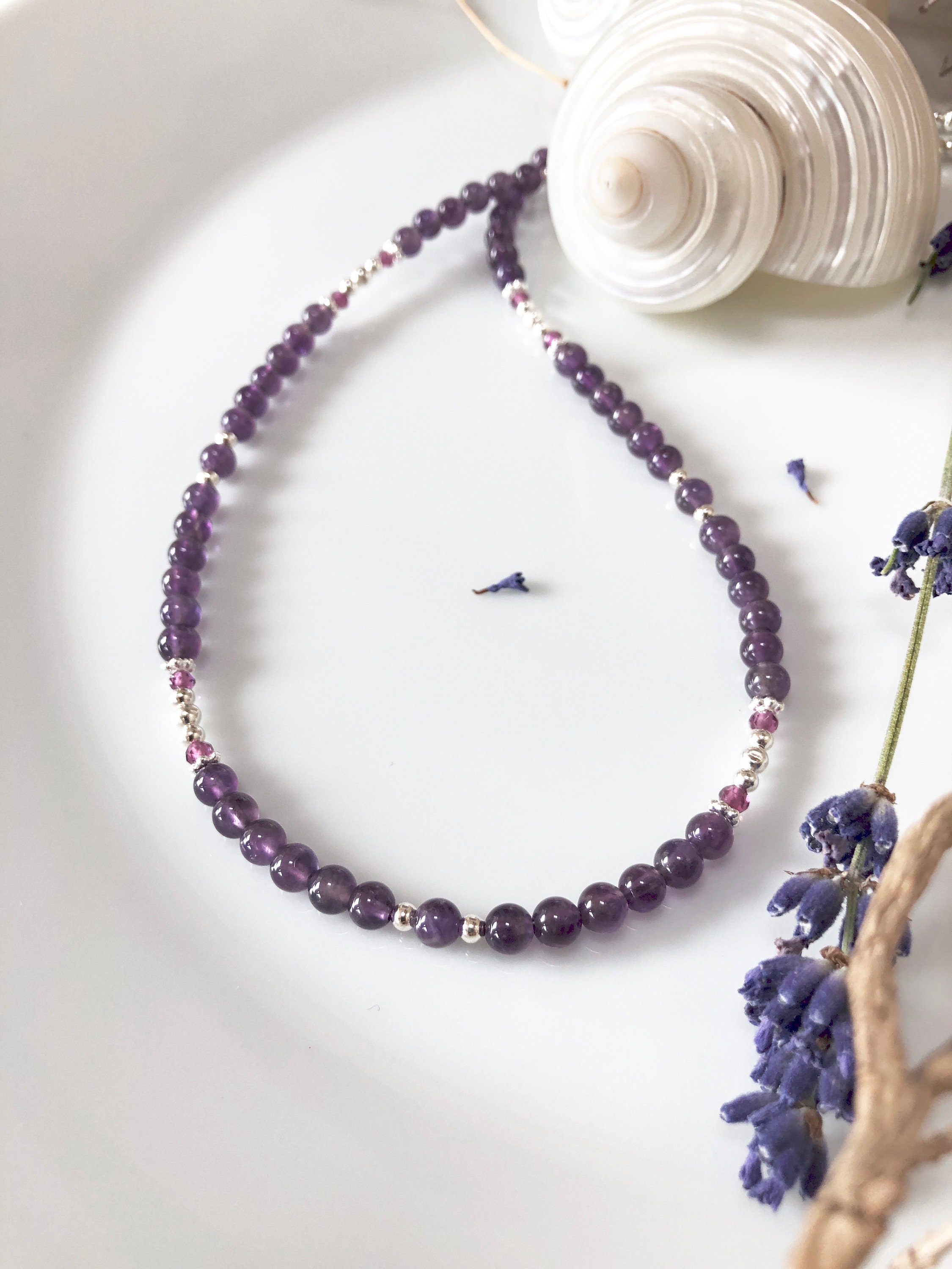 Delicate necklace made of amethyst dark with garnet violet, decorated ...