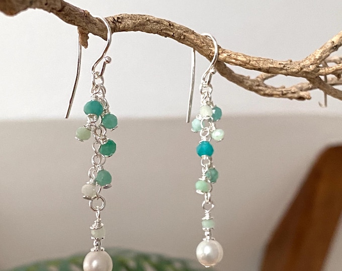 Emerald, amazonite, green Andean opal and freshwater pearl earrings with sterling silver, drop earrings, gift for jewelry enthusiasts