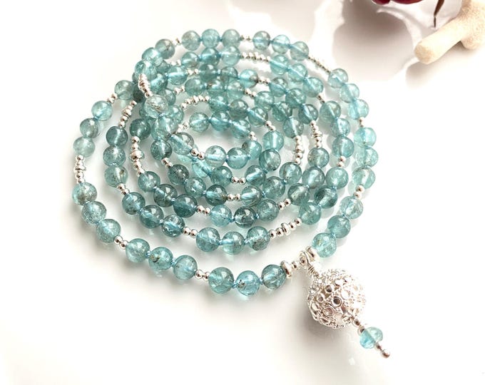 Mala necklace made of apatite AA, decorated with sterling silver, silver end bead, exclusive prayer necklace with 108 beads, yoga jewelry
