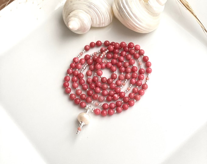 Thulite mala necklace decorated with rhodochrosite and silver, freshwater pearl ending, exceptional prayer beads